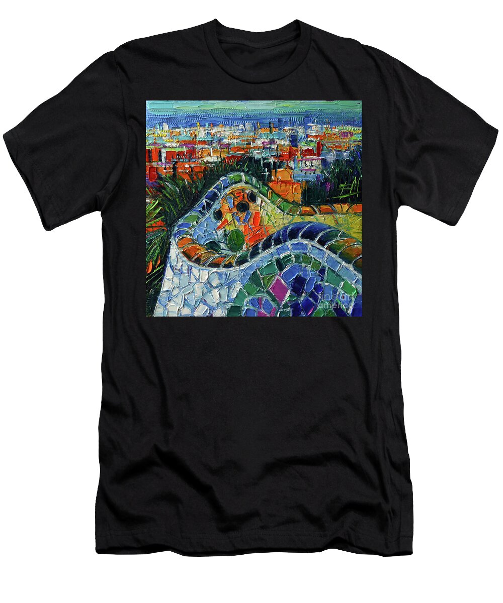 Park Guell T-Shirt featuring the painting COLORFUL MOSAIC PARK GUELL BARCELONA impasto palette knife stylized cityscape by Mona Edulesco