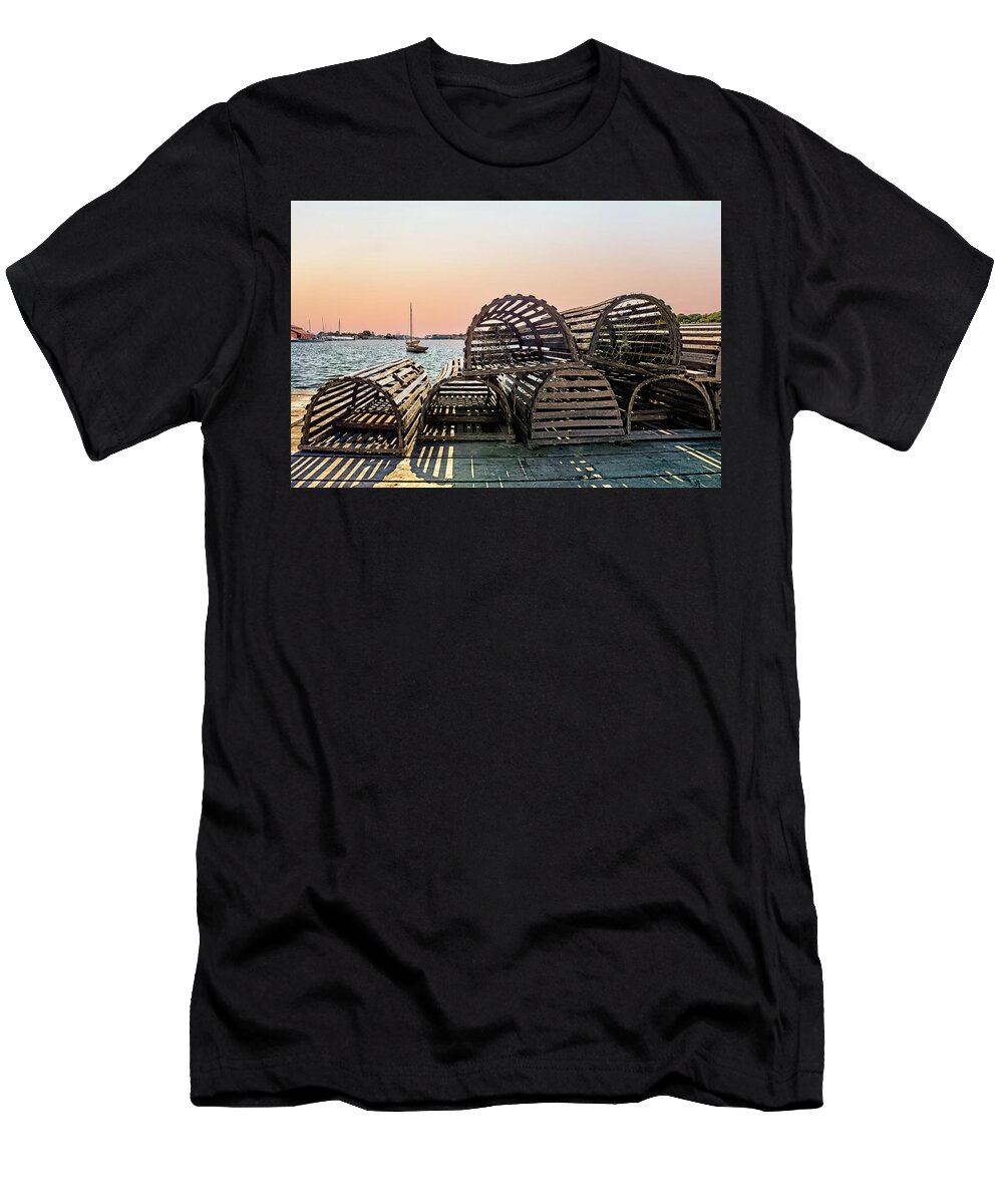 Estock T-Shirt featuring the digital art Connecticut, Mystic, Mystic Seaport Museum, Seaport Village, Living History Museum, Seaport Scene, Lobster Traps. by Lumiere