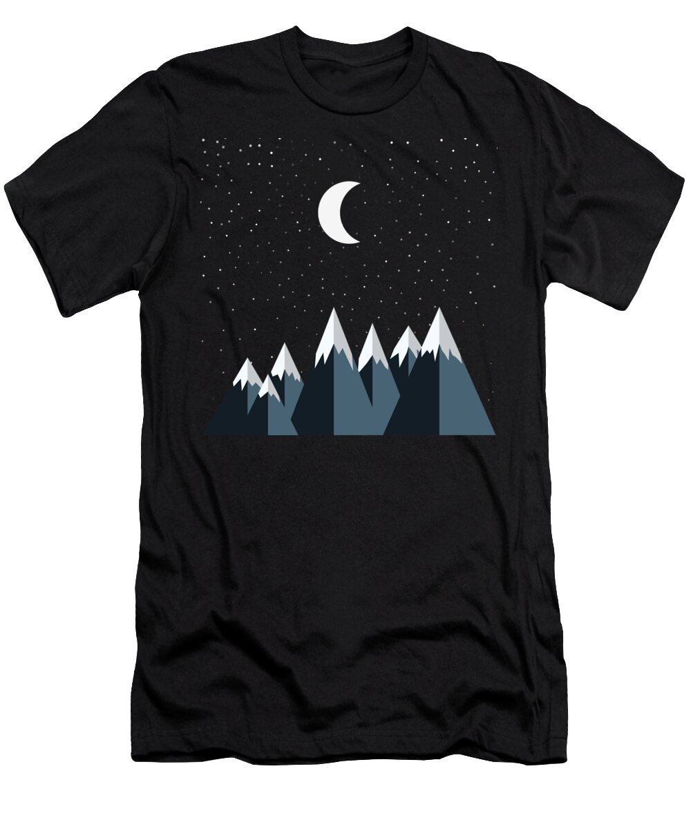 Rocky T-Shirt featuring the digital art Crescent Moon and Snow Capped Mountains by Pelo Blanco Photo