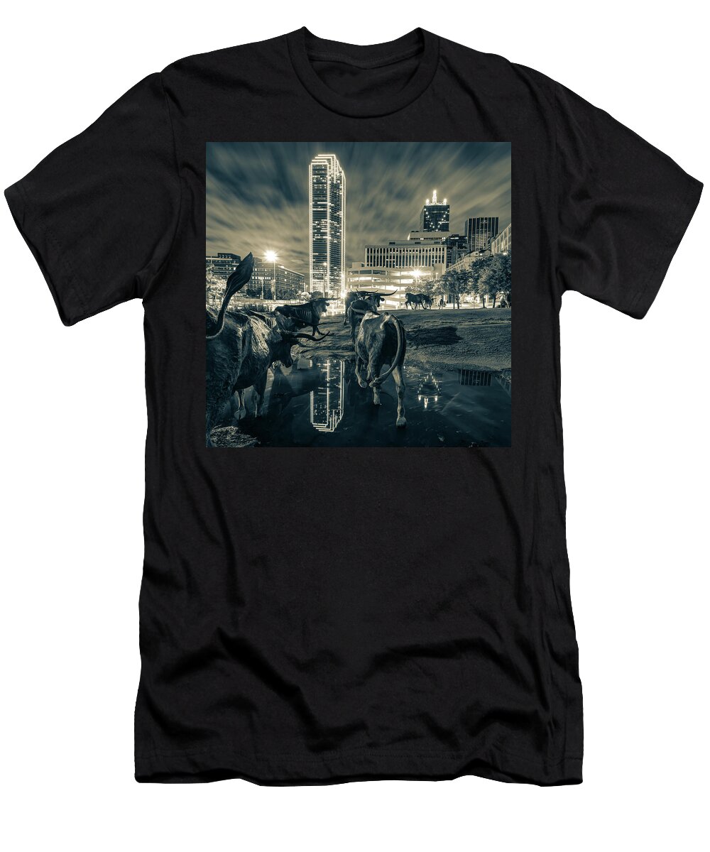 America T-Shirt featuring the photograph Dallas Skyline and Texas Longhorn Cattle Drive Sculptures - Sepia by Gregory Ballos