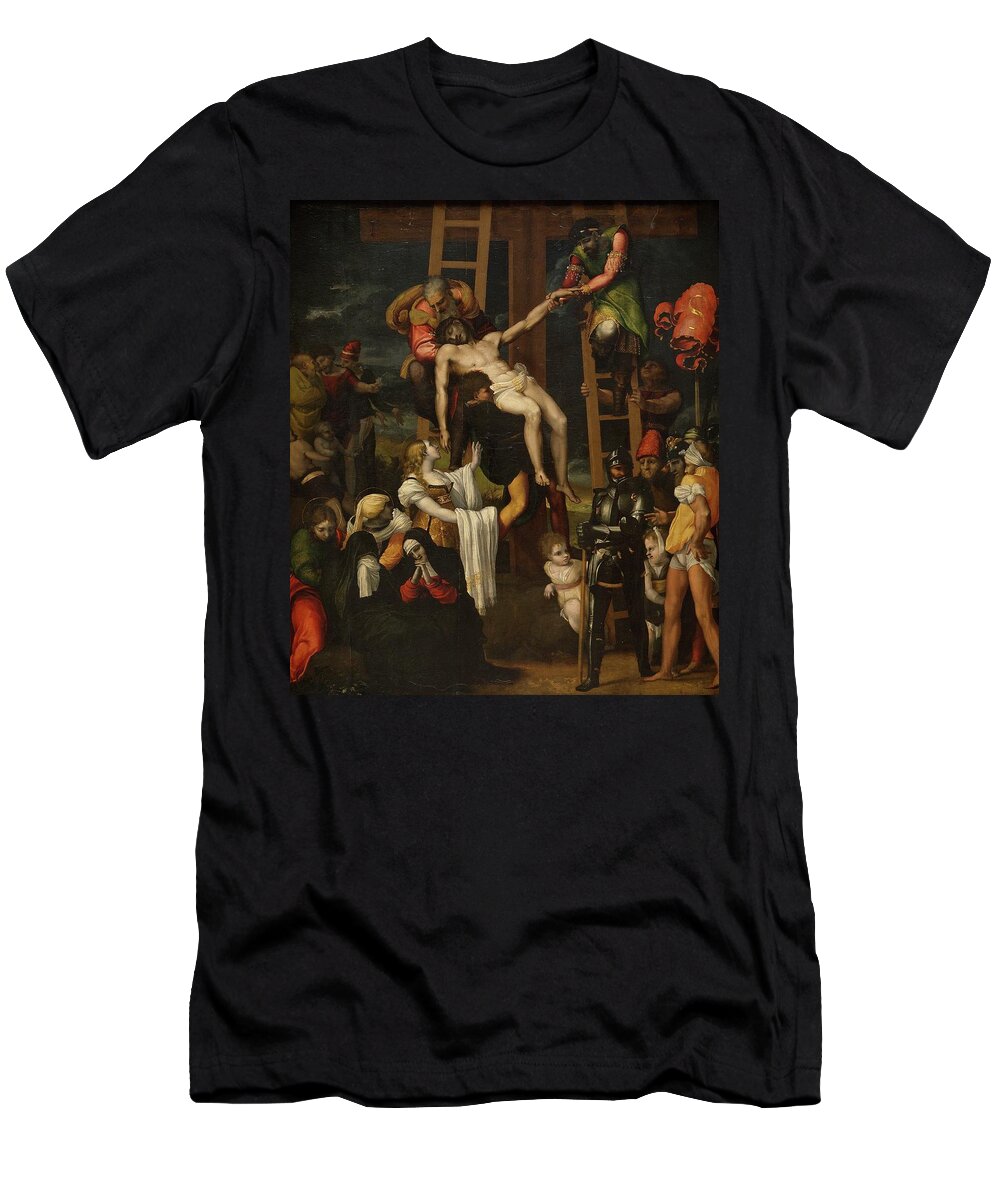 Descent From The Cross T-Shirt featuring the painting 'Descent from the Cross', 1547, Spanish School, Oil on panel, 141 cm x 128 cm, P0... by Pedro Machuca -c 1490-1550-