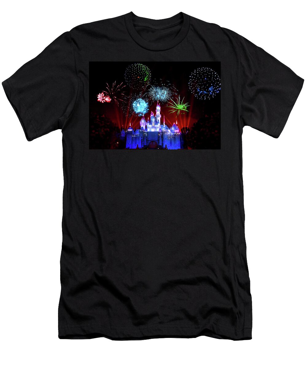 Fireworks T-Shirt featuring the photograph Disneyland Fireworks At Sleeping Beauty Castle by Mark Andrew Thomas