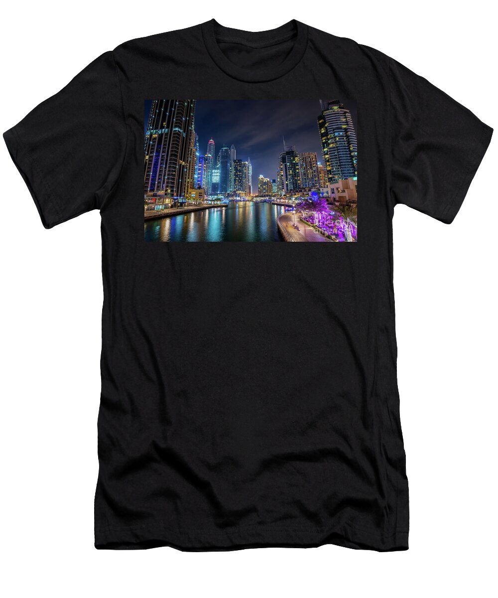 Dubai T-Shirt featuring the photograph Dubai marina walk at night by Delphimages Photo Creations