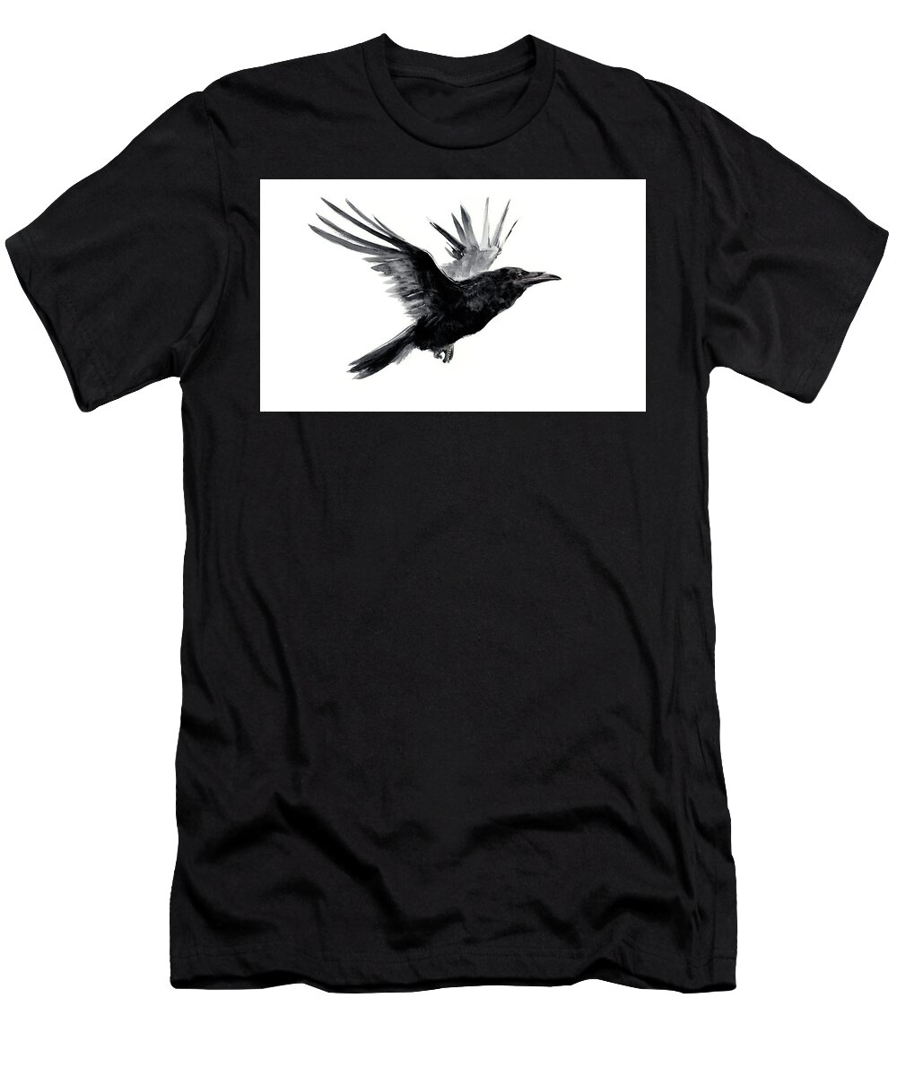 Raven T-Shirt featuring the painting Flying Raven Tribal Art, flying BIRd by Suren Nersisyan