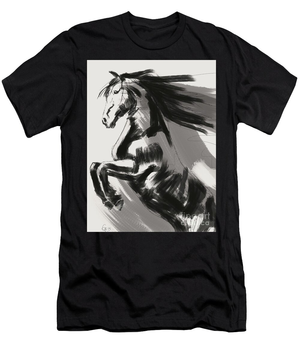 Black Rising Horse T-Shirt featuring the painting Rising Horse by Go Van Kampen