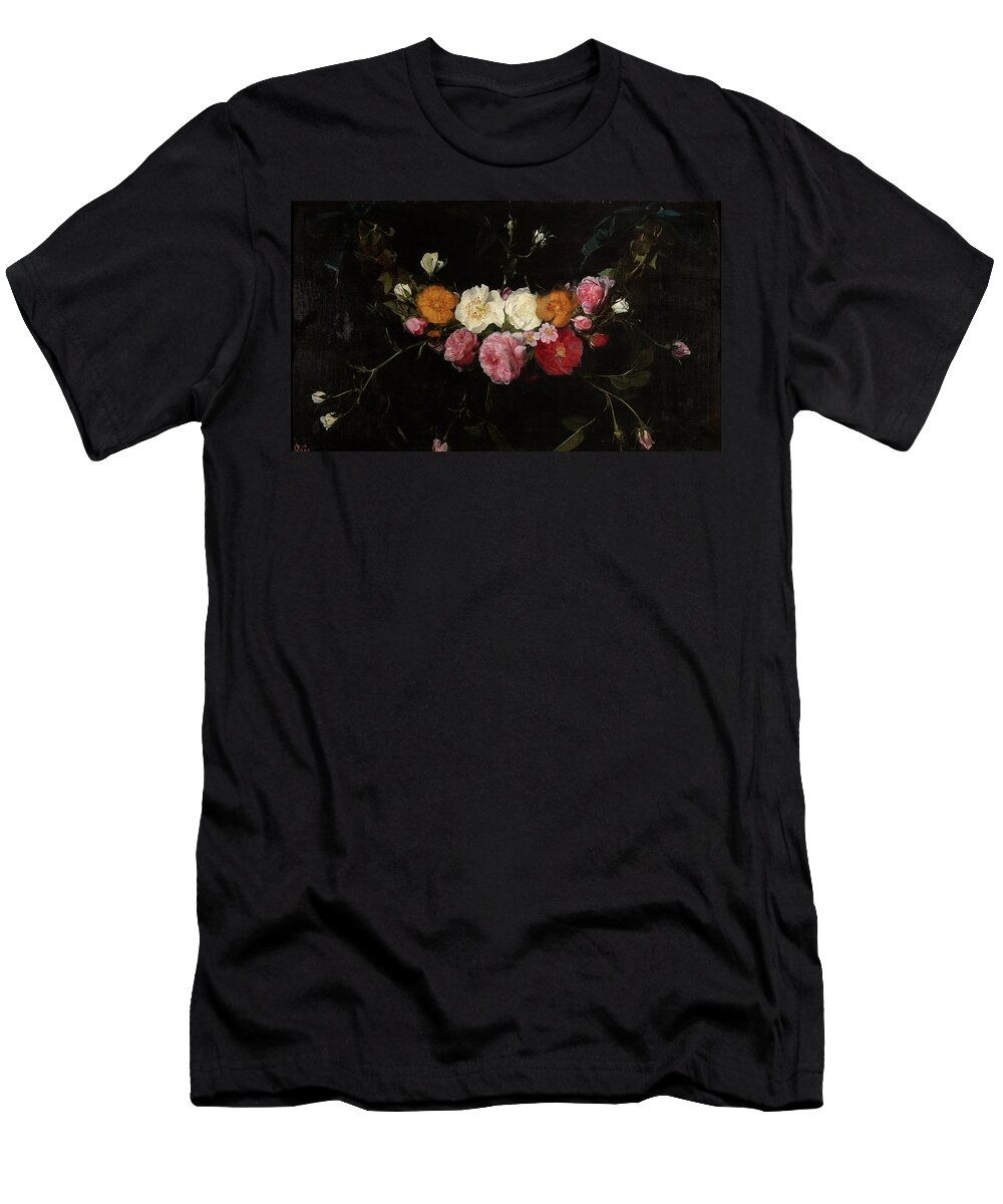 Daniel Seghers T-Shirt featuring the painting 'Garland of Roses', 17th century, Flemish School, Oil on panel, 39 cm x 70 cm, P... by Daniel Seghers -1590-1661-