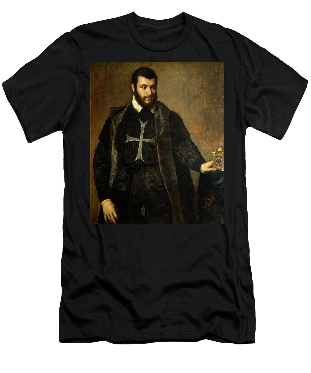 Gentleman With A Watch T-Shirt featuring the painting 'Gentleman with a Watch', ca. 1550, Italian School, Oil on canvas... by Titian -c 1485-1576-