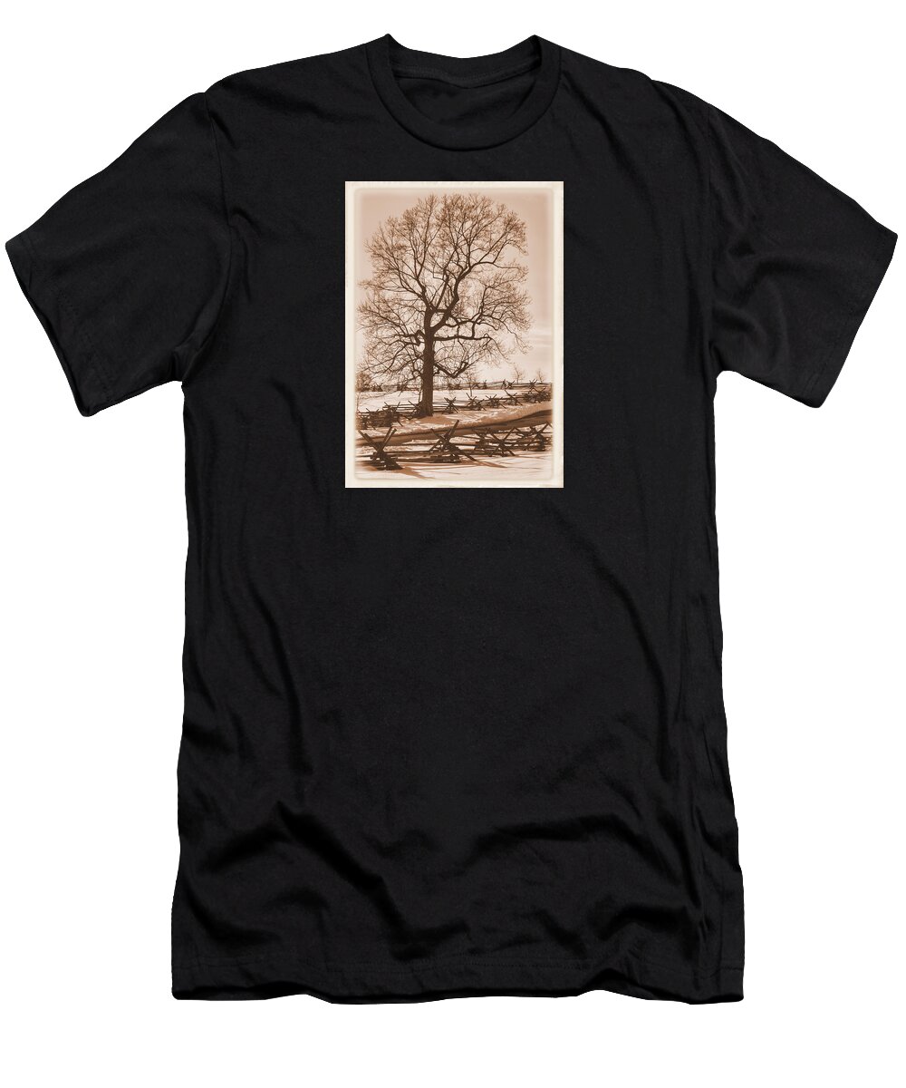 Civil War T-Shirt featuring the photograph Gettysburg at Rest - Winter Blanket No. 1 Across the Wheatfield Road Near the Peach Orchard by Michael Mazaika