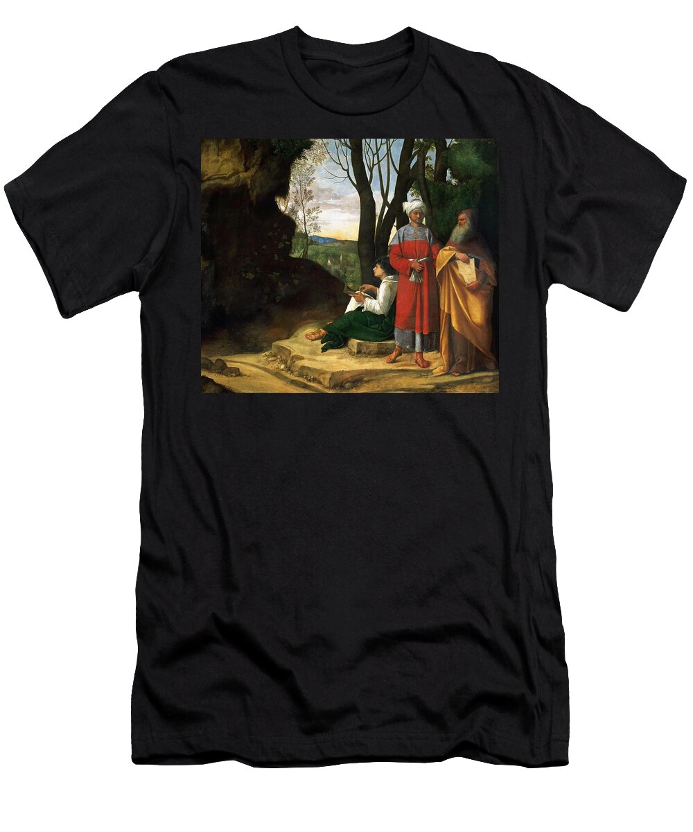 Giorgione T-Shirt featuring the painting GIORGIONE Three Philosophers. Date/Period Between ca. 1508 and ca. 1509. Painting. Oil on canvas. by Giorgione