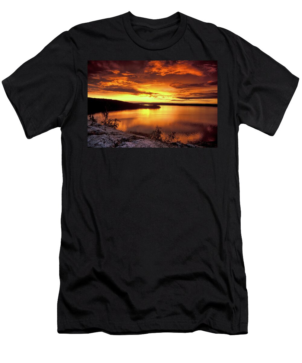 Estock T-Shirt featuring the digital art Golden Sunset Over Lake by Heeb Photos