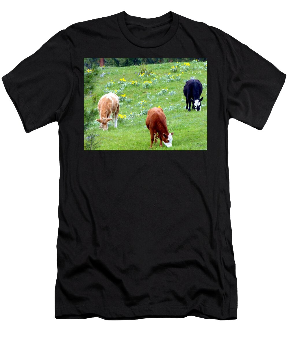 Domestic Cattle T-Shirt featuring the digital art Grazing In The Sunflowers by Will Borden