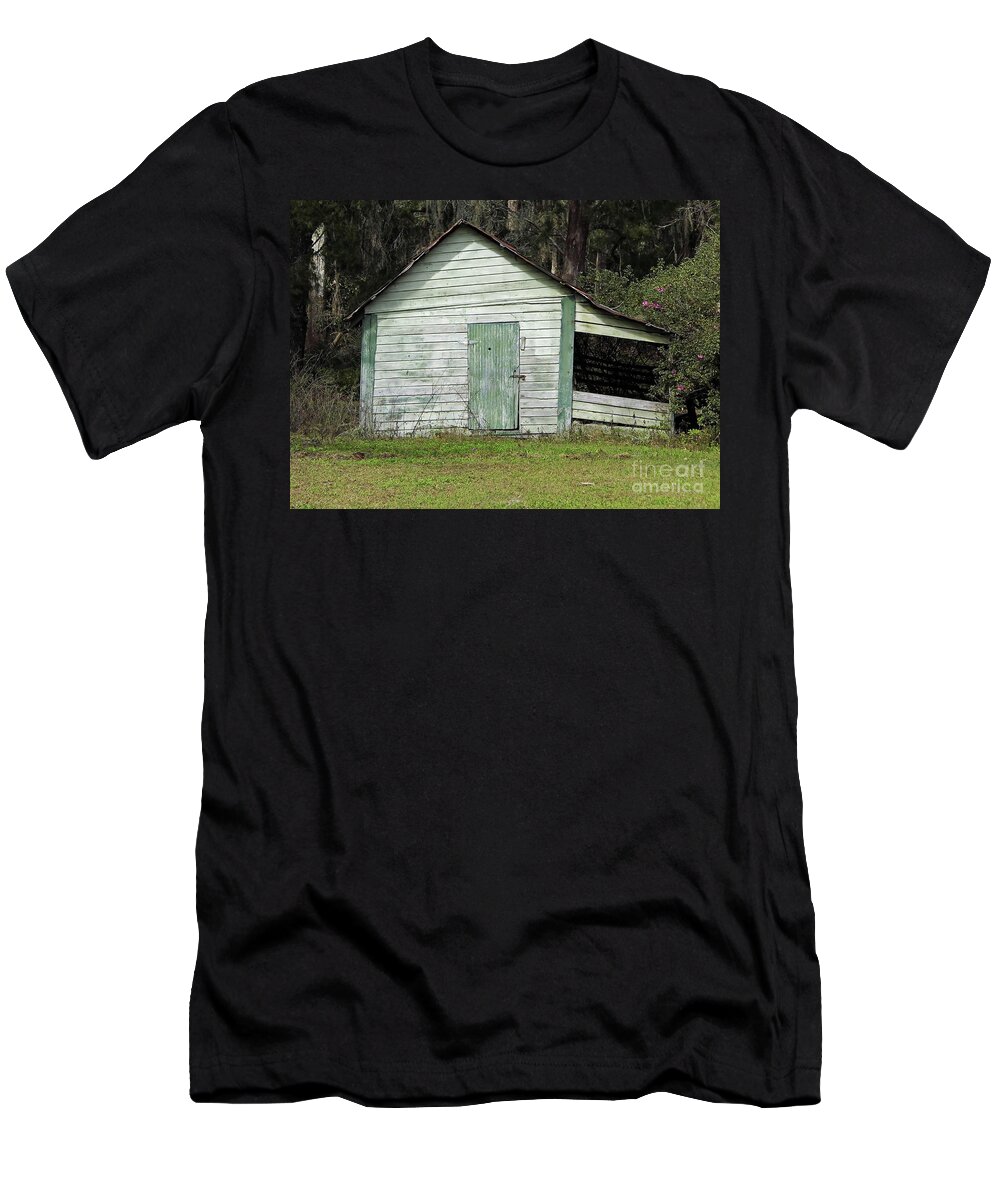 Barn T-Shirt featuring the photograph Green Wooden Shed by D Hackett