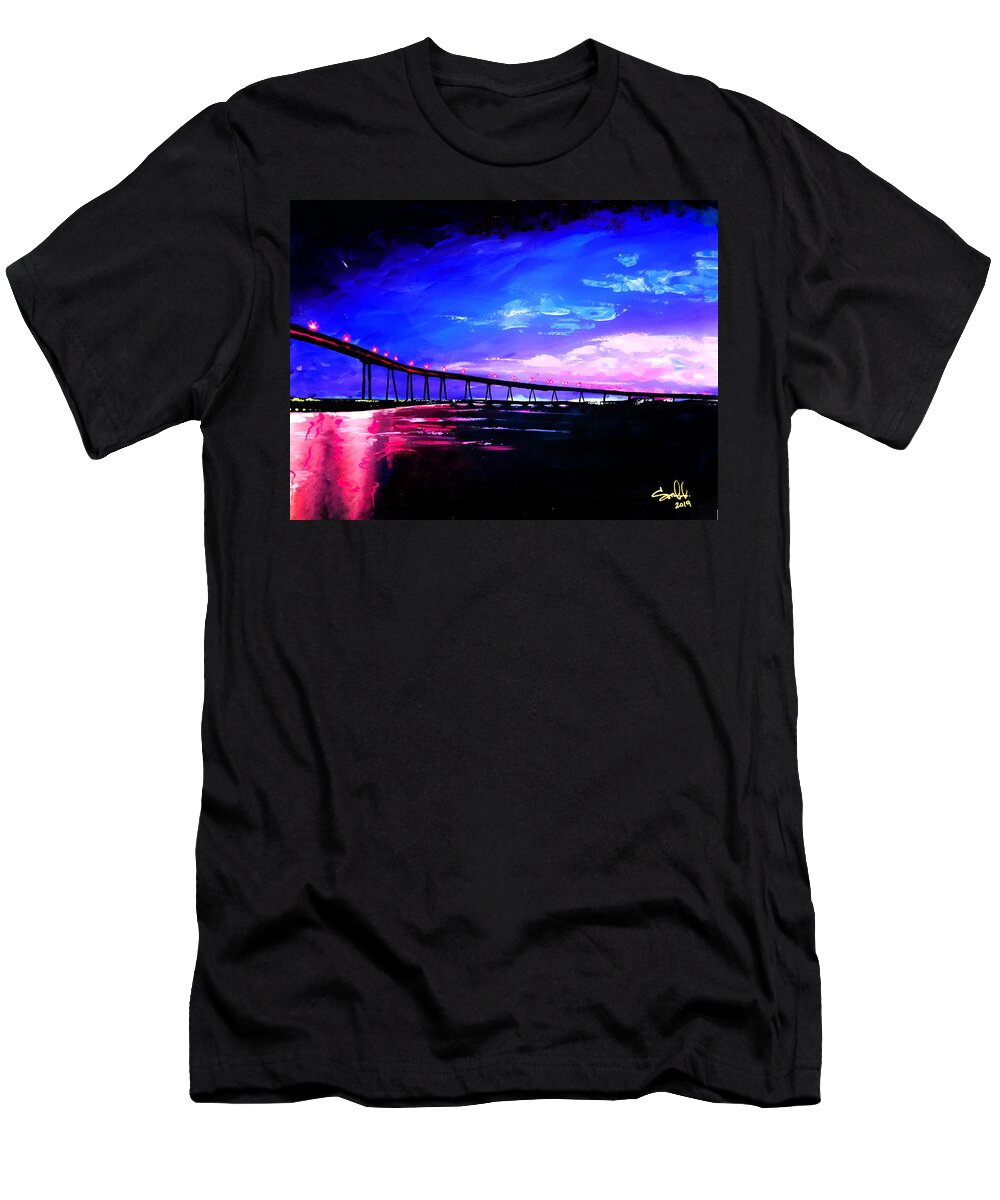 Coronado Island Bridge Lights Nighttime Sunset Colors Colorful Contrast Water Sea Ocean Reflections Lights City Lights Perspective Pink Blue Driving Boating Boat California San Diego T-Shirt featuring the painting Gutierrez by Sergio