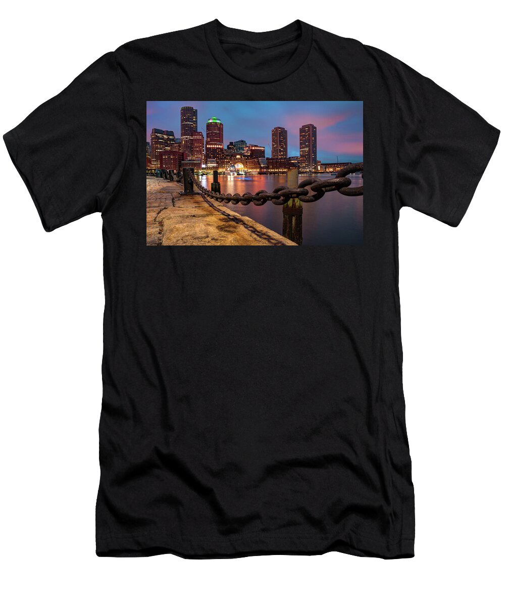 Boston Harborwalk T-Shirt featuring the photograph Harborwalk View of the Boston Skyline at Sunset by Gregory Ballos