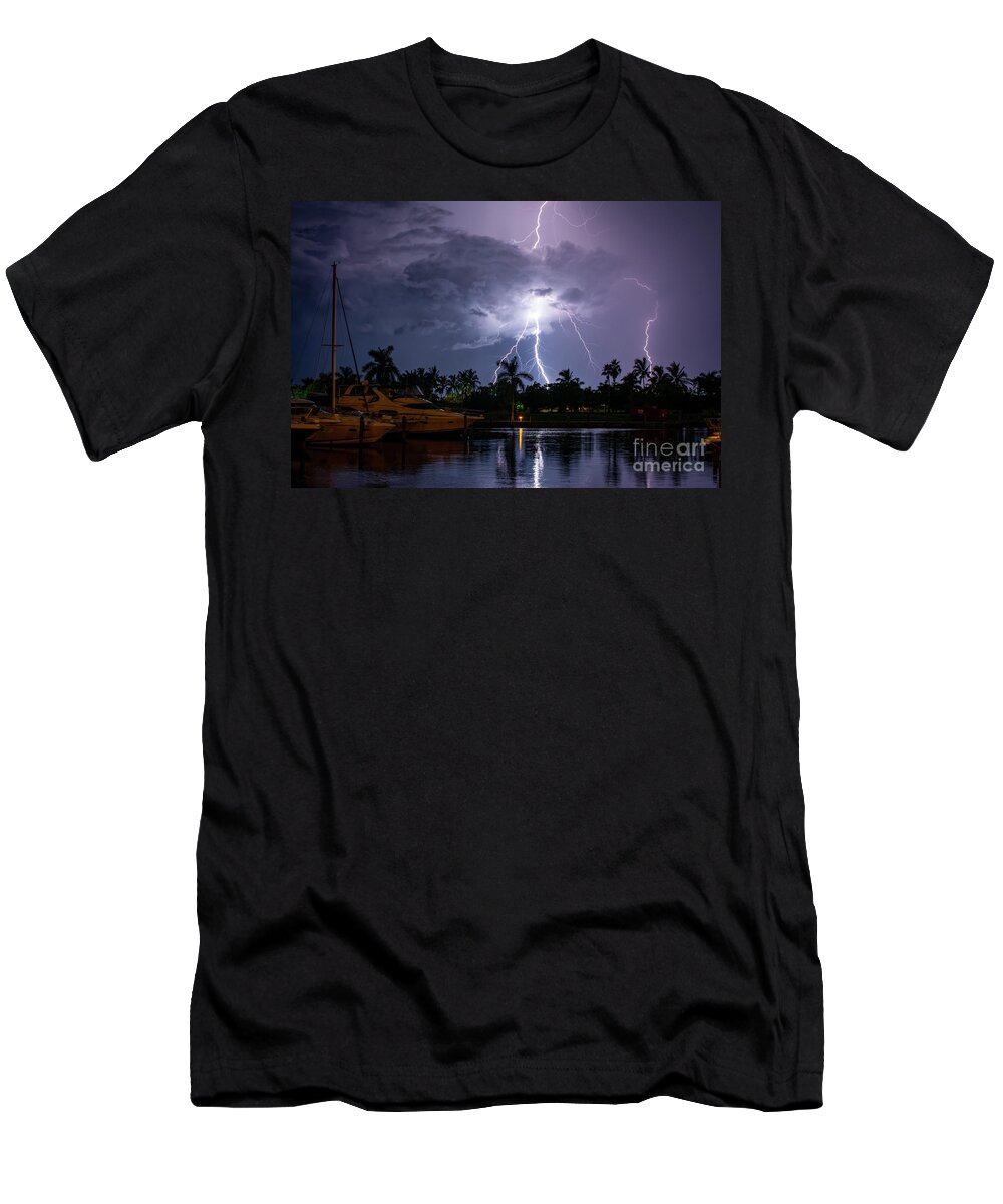Lightning T-Shirt featuring the photograph Harbour Nights by Quinn Sedam