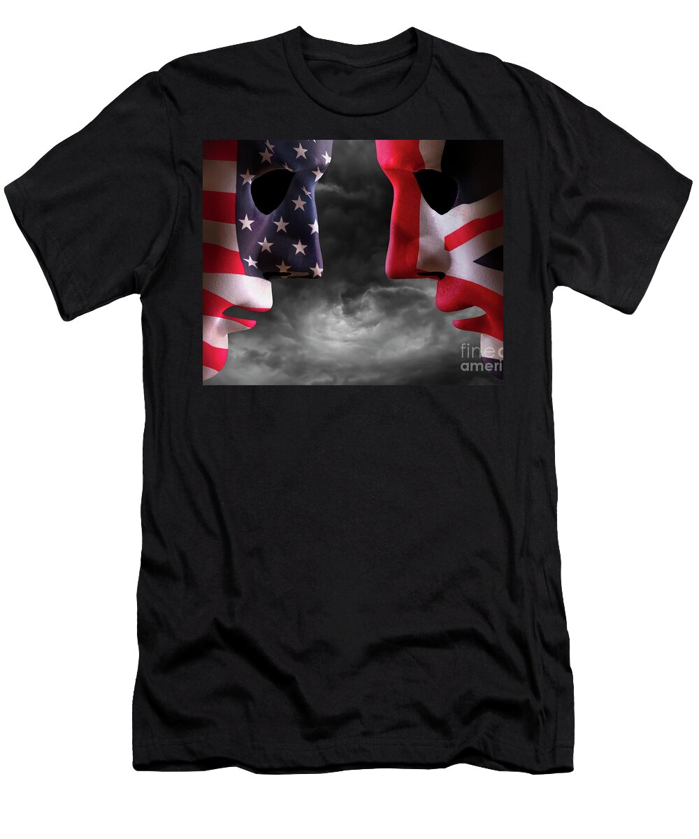 Flag T-Shirt featuring the photograph Head to head USA and UK flag faces by Simon Bratt