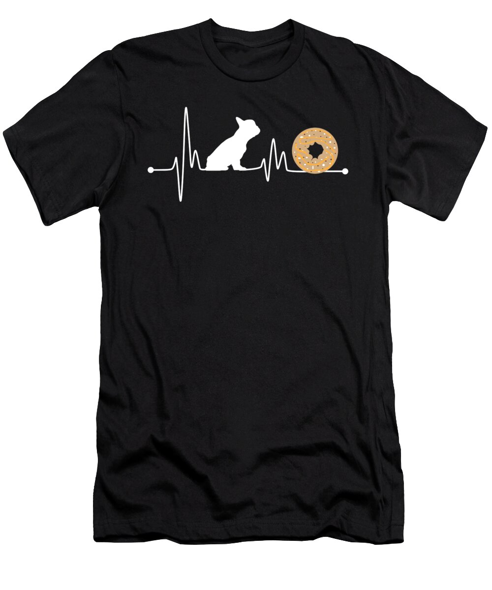 Frenchie T-Shirt featuring the digital art Heartbeat EKG Pulse French Bulldog Donut Muffin by TeeQueen2603