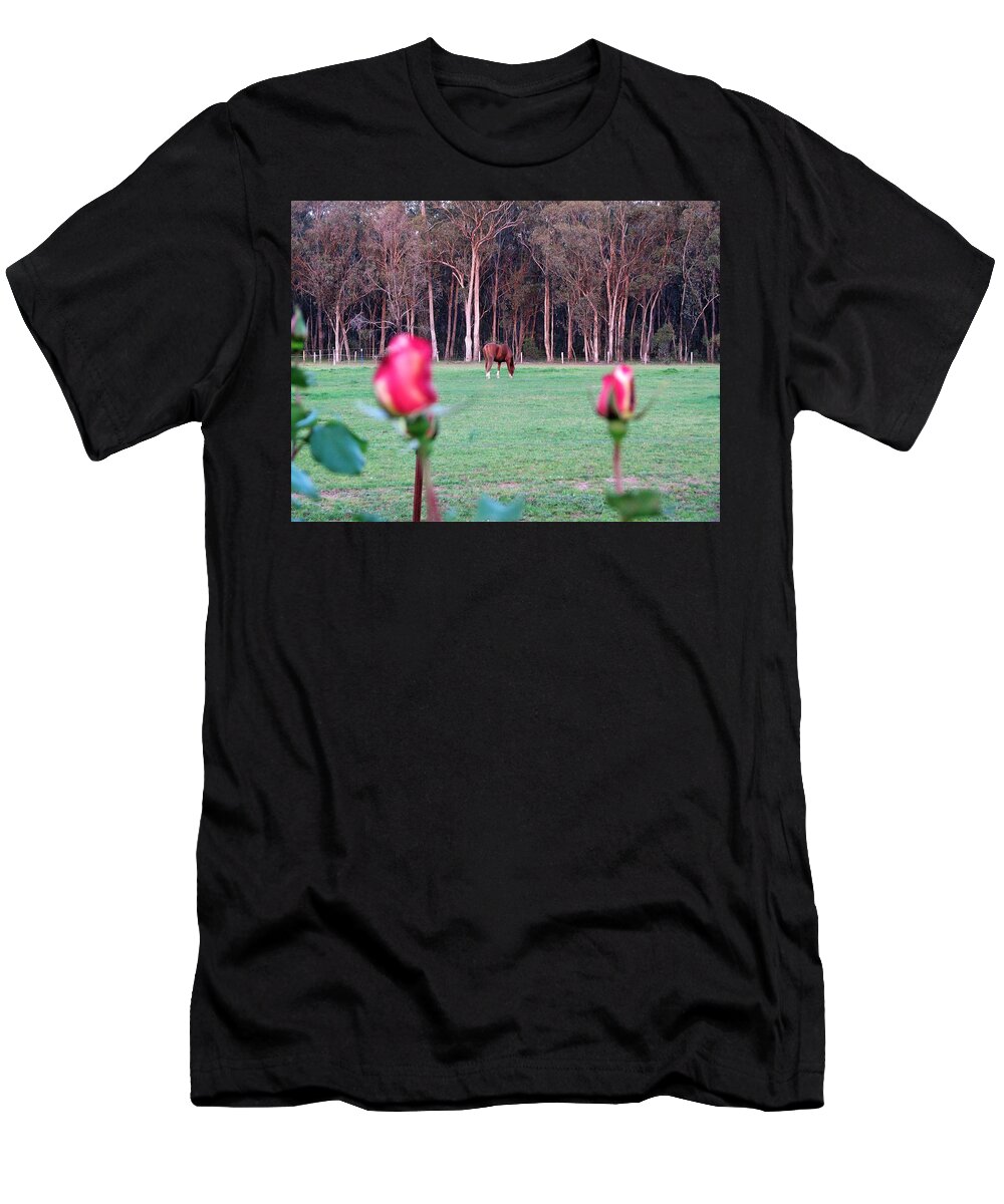 View T-Shirt featuring the photograph Horse and Roses by Joan Stratton