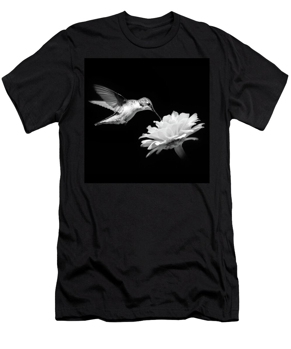 Hummingbird T-Shirt featuring the photograph Hummingbird And Flower Black And White by Christina Rollo