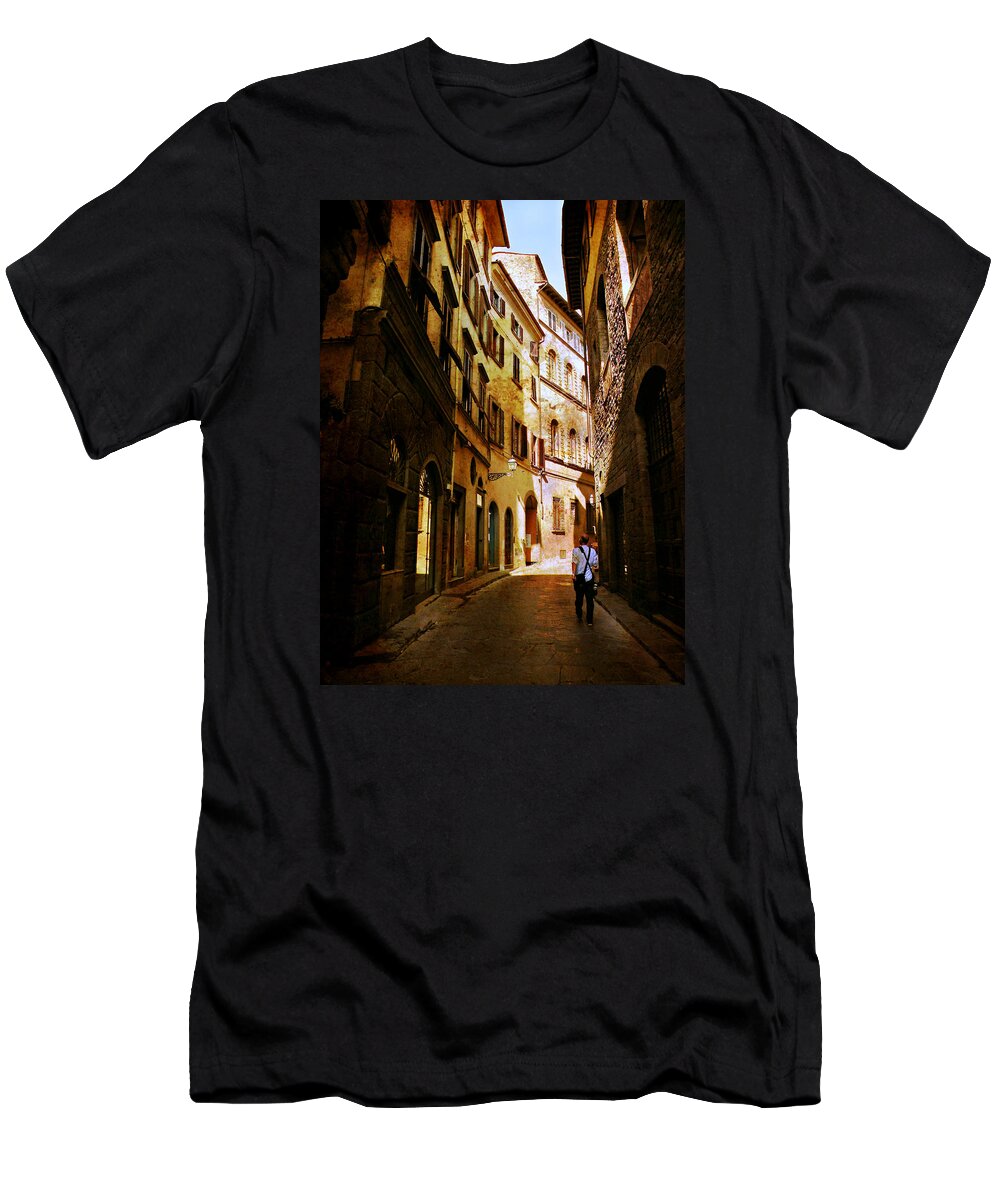 Florence Is A Lovely City Saturated In History And Beauty. The Minute We Veered Off The Main Byways And Into The Back Streets And Alley Ways T-Shirt featuring the photograph Il Turista by Micki Findlay
