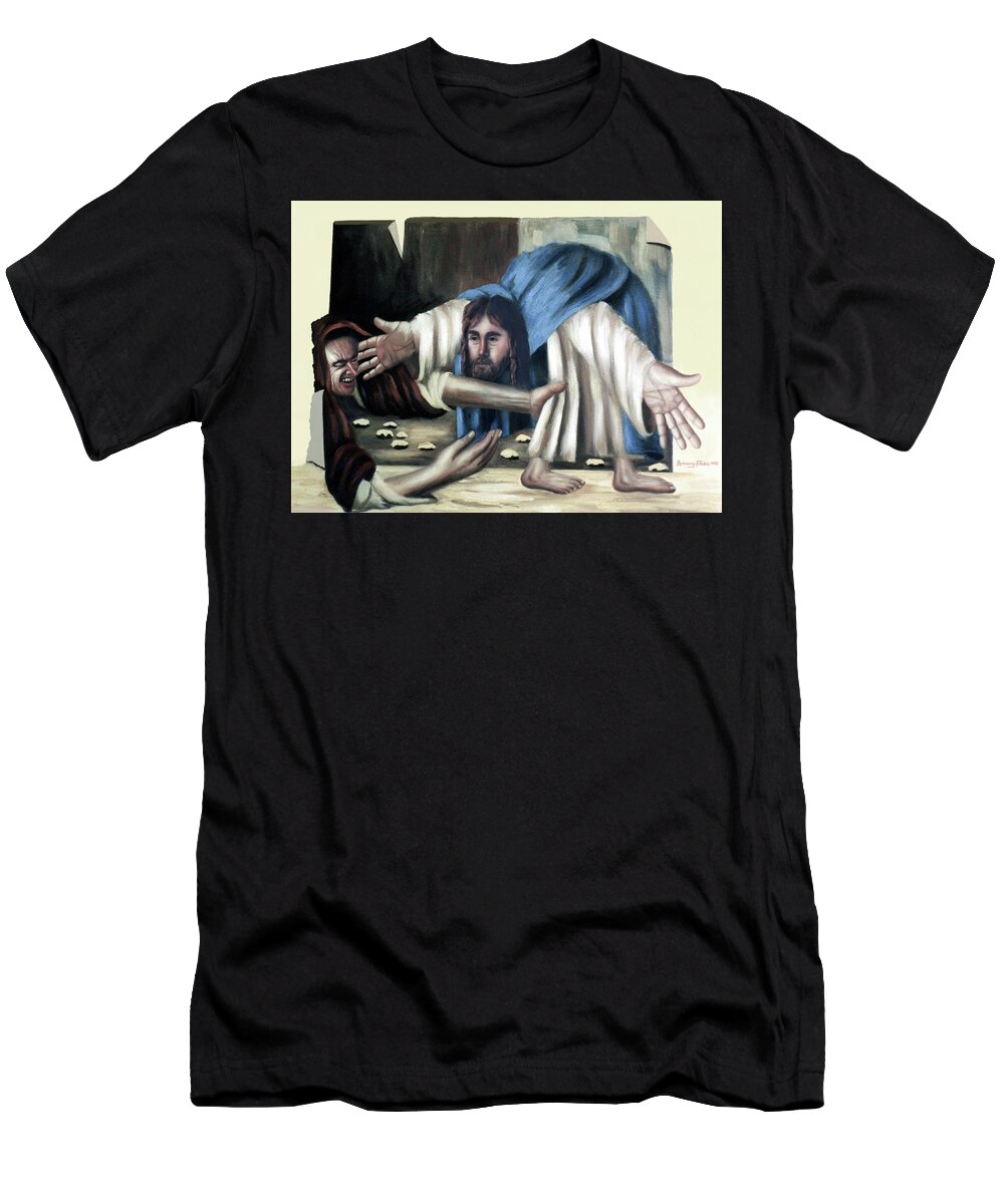 Cubism T-Shirt featuring the painting Jesus And The Old Lady by Anthony Falbo