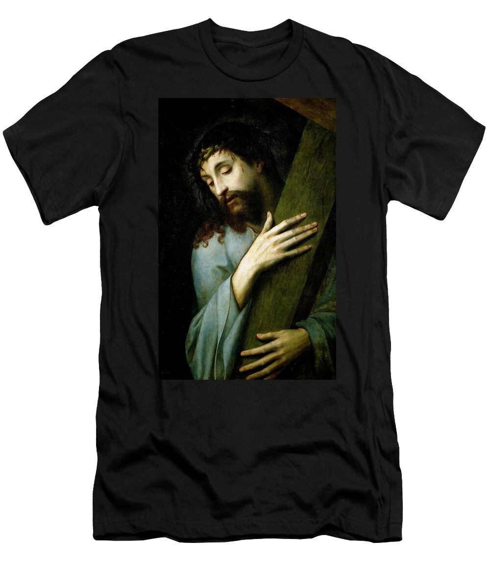 Michiel Coxie T-Shirt featuring the painting 'Jesus con la Cruz a cuestas', ca. 1555, Flemish School, Oil on panel, 81 cm x... by Michiel Coxie -1499-1592-