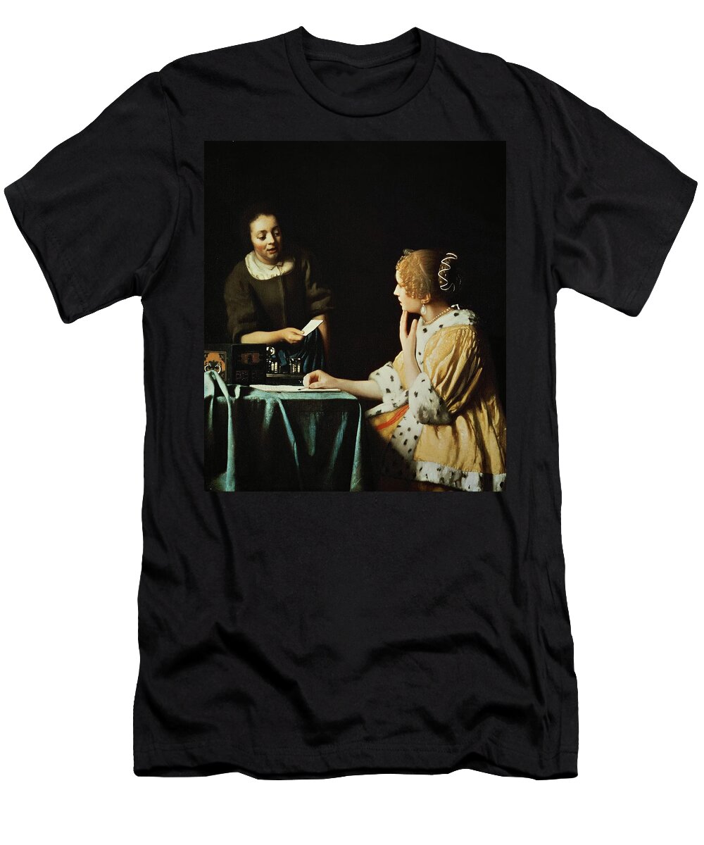 Johannes Vermeer T-Shirt featuring the painting Johannes Vermeer / 'Lady with Her Maidservant Holding a Letter', 1666. by Jan Vermeer -1632-1675-
