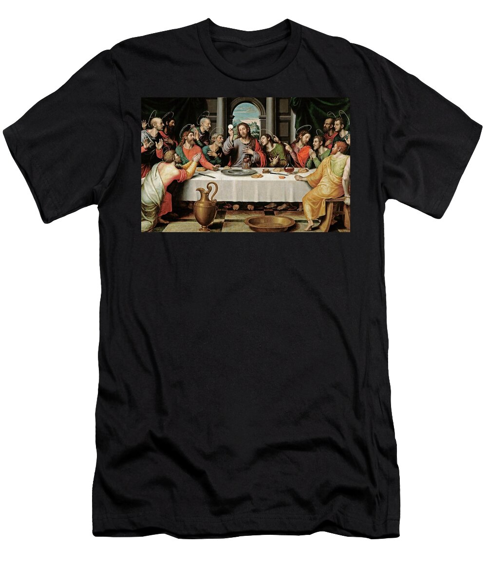 Juan De Juanes T-Shirt featuring the painting Juan de Juanes / 'The Last Supper', ca. 1562, Spanish School, Oil on panel, 116 cm x 191 cm, P00846. by Vicente Juan Masip -c 1507-1579-