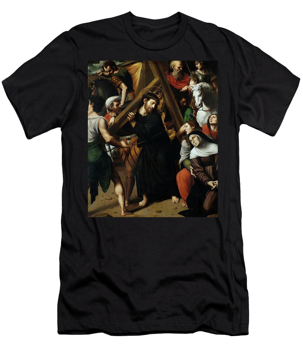 Jesus Carrying The Cross T-Shirt featuring the painting Juan Vicente Masip / 'Jesus Carrying the Cross', After 1517, Spanish School, Oil on panel. by Vicente Juan Masip -c 1507-1579-