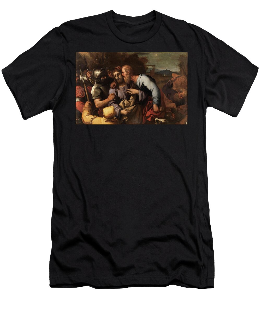 Giordano Luca T-Shirt featuring the painting 'Kiss of Judas', 1655-1660, Italian School, Oil on copper, 43 cm x 66 cm, P00171. by Luca Giordano -1634-1705-