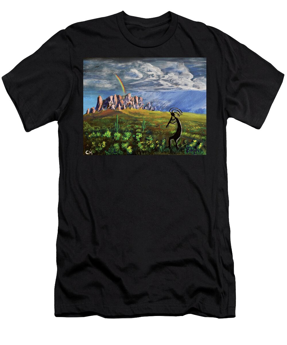 Kokopelli T-Shirt featuring the painting Kokopelli and the Superstition Mountains by Chance Kafka