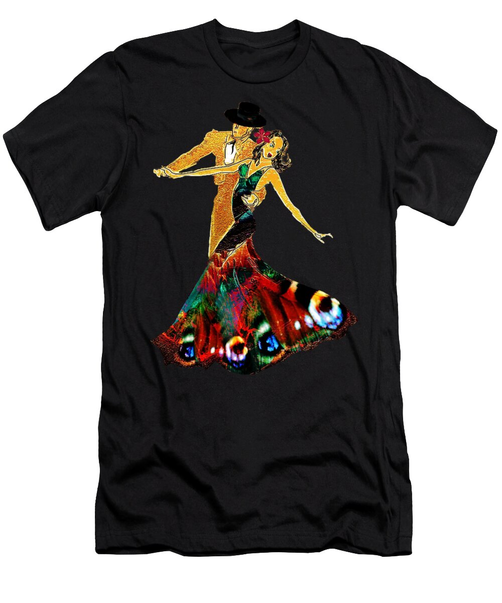 Dancers Music Figurative Butterfly Spanish Flamenco Dress Vintage Valerie Anne Kelly Valzart T-Shirt featuring the painting La Fiesta by Valerie Anne Kelly