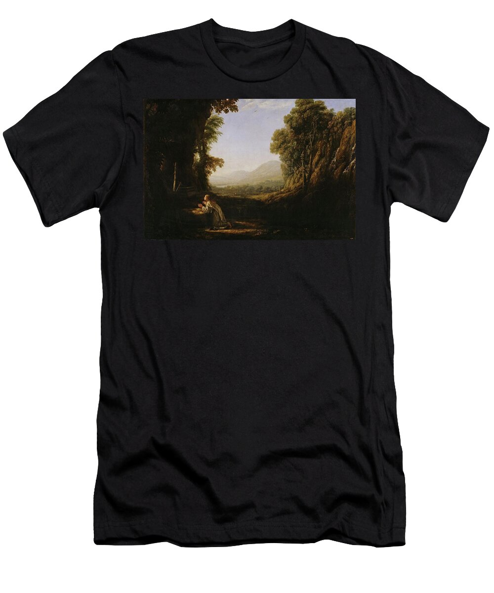 Claude Lorrain T-Shirt featuring the painting 'Landscape with Saint Mary of Cervello', 1636-1638, French School, Oil on can... by Claude Lorrain -1600-1682-