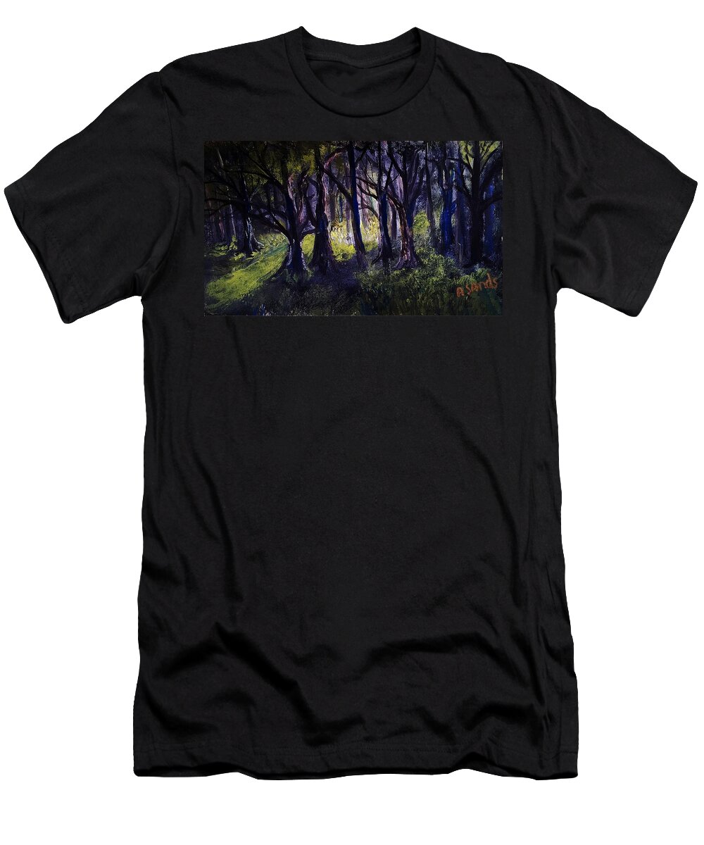 Woods T-Shirt featuring the painting Light in the Forest by Anne Sands