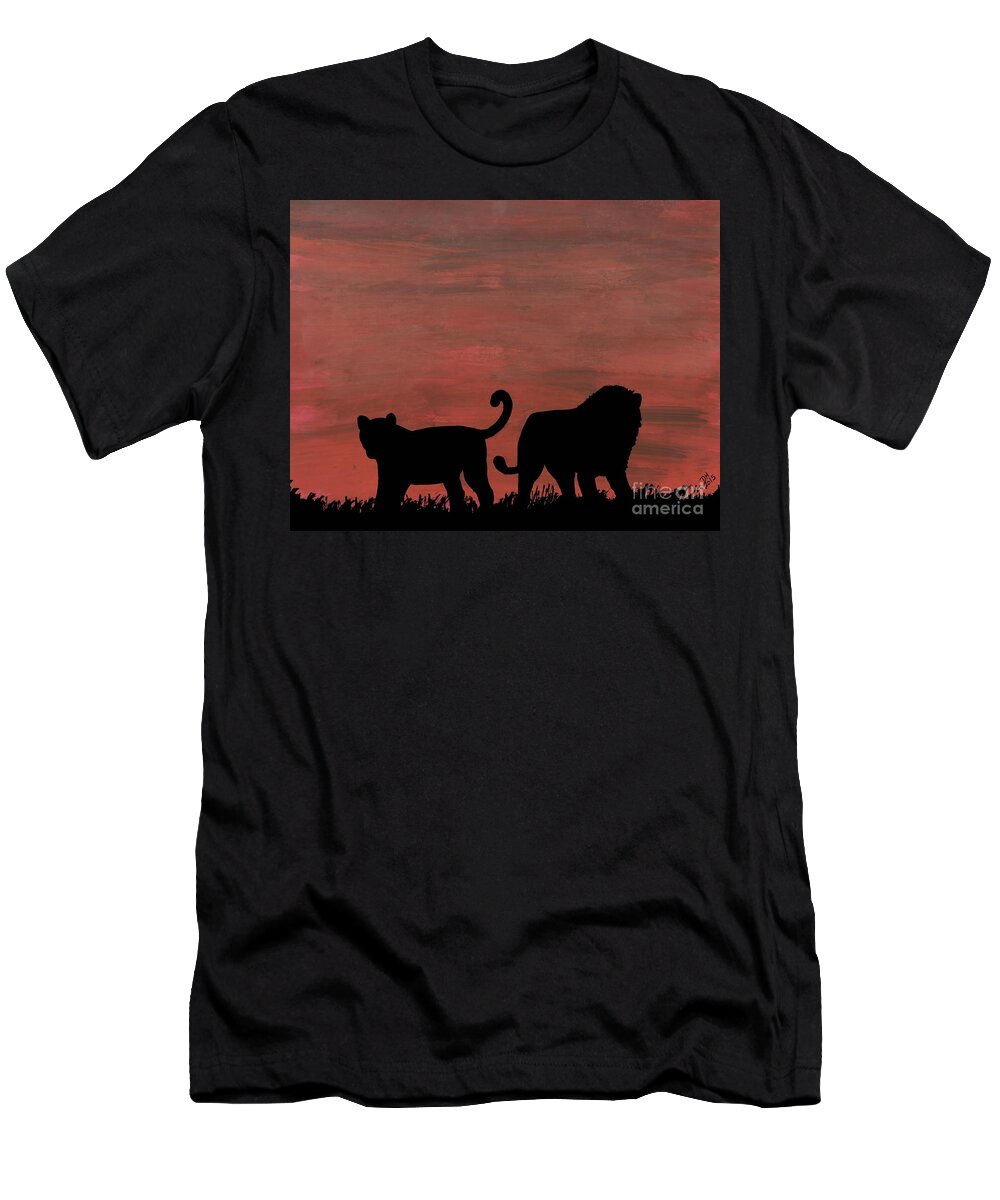 Lioness T-Shirt featuring the drawing Lions At Sunset by D Hackett