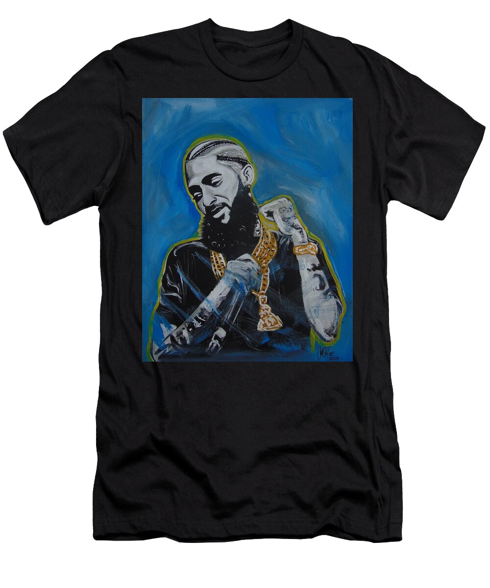 Nipsey T-Shirt featuring the painting Long Live Nipsey by Antonio Moore