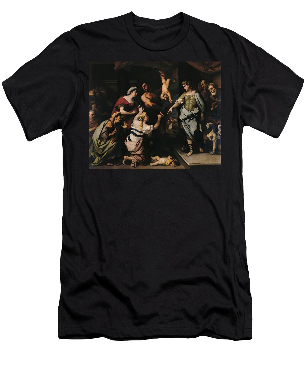 Canvas T-Shirt featuring the painting Luca Giordano -Napoles, 1632 -1705-. The Judgement of Solomon -ca. 1665-. Oil on canvas. 250.8 x ... by Luca Giordano -1634-1705-