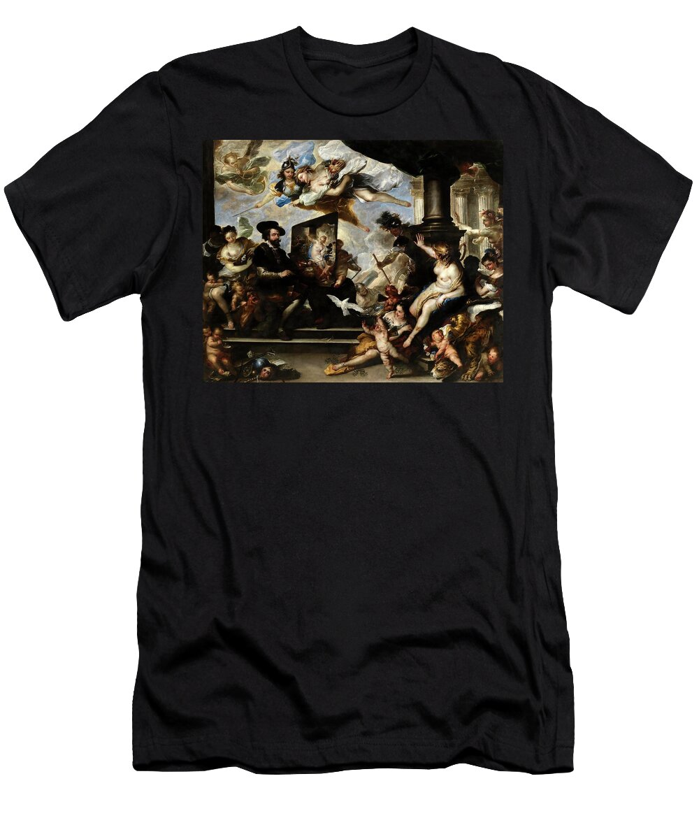 Giordano Luca T-Shirt featuring the painting Luca Giordano / 'Rubens Painting the Allegory of Peace', ca. 1660, Italian School. by Luca Giordano -1634-1705-