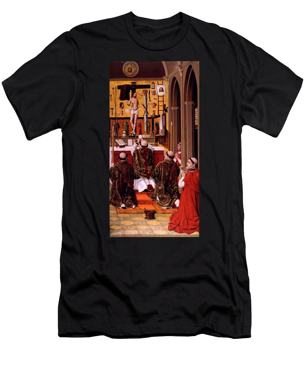 Cristo Resucitado T-Shirt featuring the painting Maestro de Santa Maria del Campo. La Misa de San Gregorio. Juan de Nalda . JESUS. CRISTO RESUCITADO. by Album