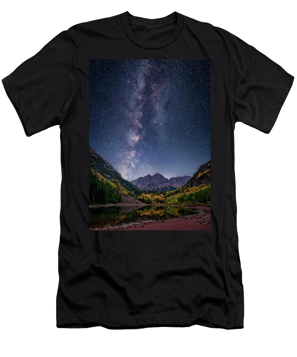 Maroon Bells T-Shirt featuring the photograph Maroon Belles Under the Milky Way by David Soldano