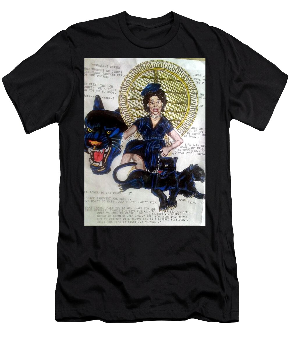 Black Art T-Shirt featuring the drawing Maxine Waters Queen of Throne by Joedee