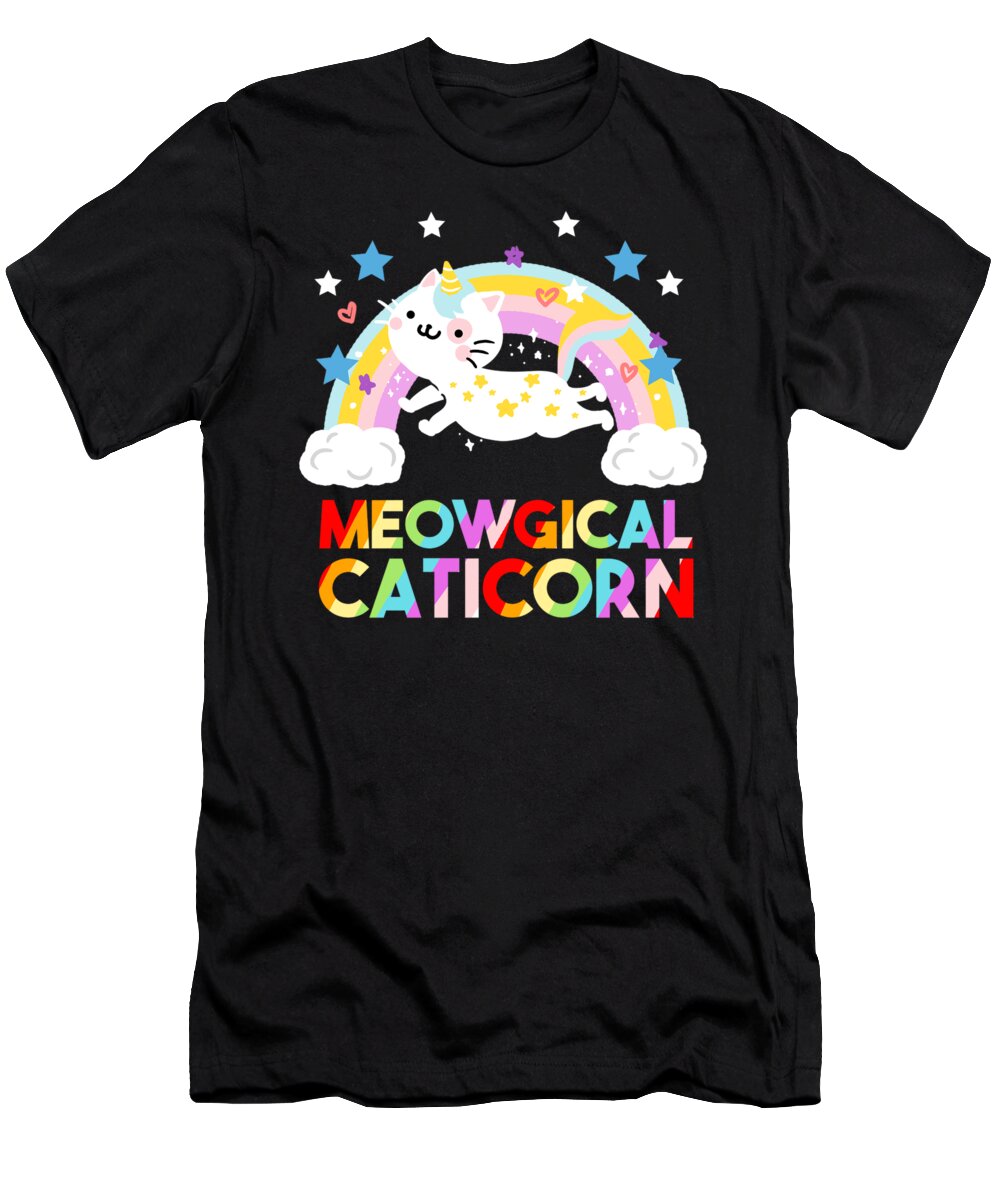 Caticorn T-Shirt featuring the digital art Meowgical Caticorn Unicorn Magical Unicorn Cat by TeeQueen2603