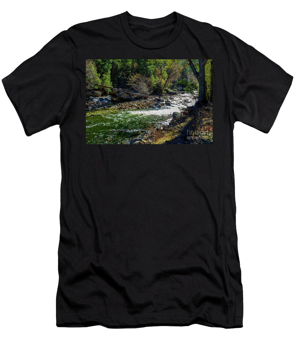 Boulders T-Shirt featuring the photograph Merced River Flowing at Yosemite by Roslyn Wilkins