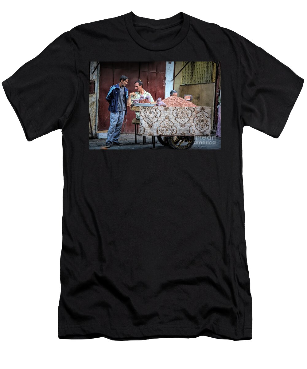 Morocco T-Shirt featuring the photograph Moroccan Selling Nuts Streets of Fes by Chuck Kuhn