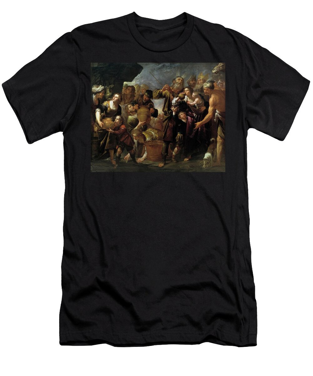 Gioacchino Assereto T-Shirt featuring the painting 'Moses Drawing Water from the Rock', ca. 1640, Italian School, Oil on canv... by Giovacchino Assereto -1600-1649-