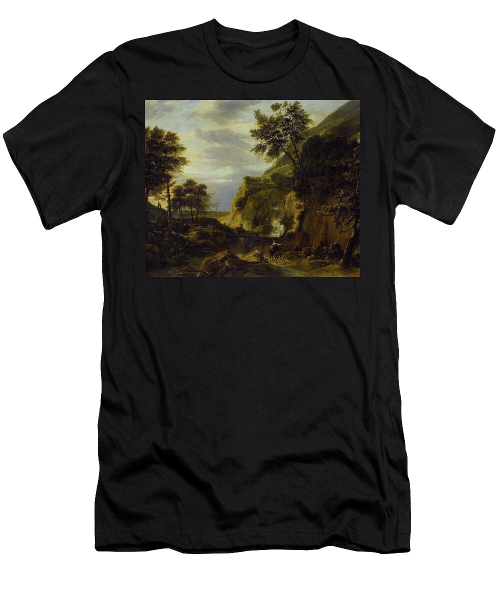 Canvas T-Shirt featuring the painting Mountainous Landscape with Waterfall. by Roelant Roghman