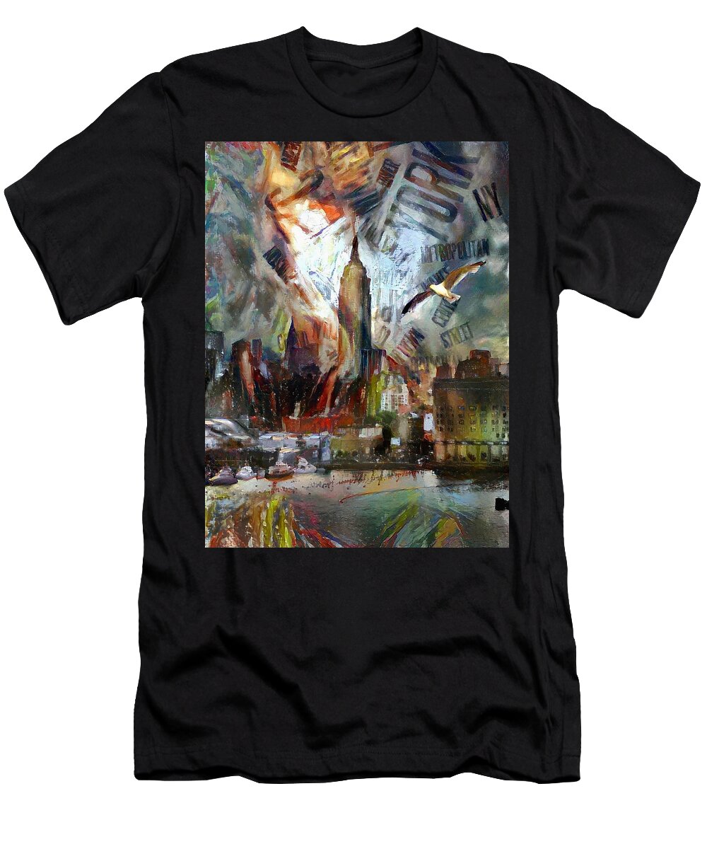 Aerial T-Shirt featuring the digital art New York Pier by Bruce Rolff