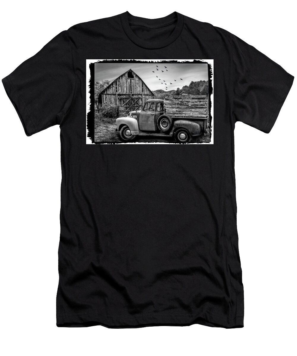 1947 T-Shirt featuring the photograph Old Truck at the Barn Bordered Black and White by Debra and Dave Vanderlaan