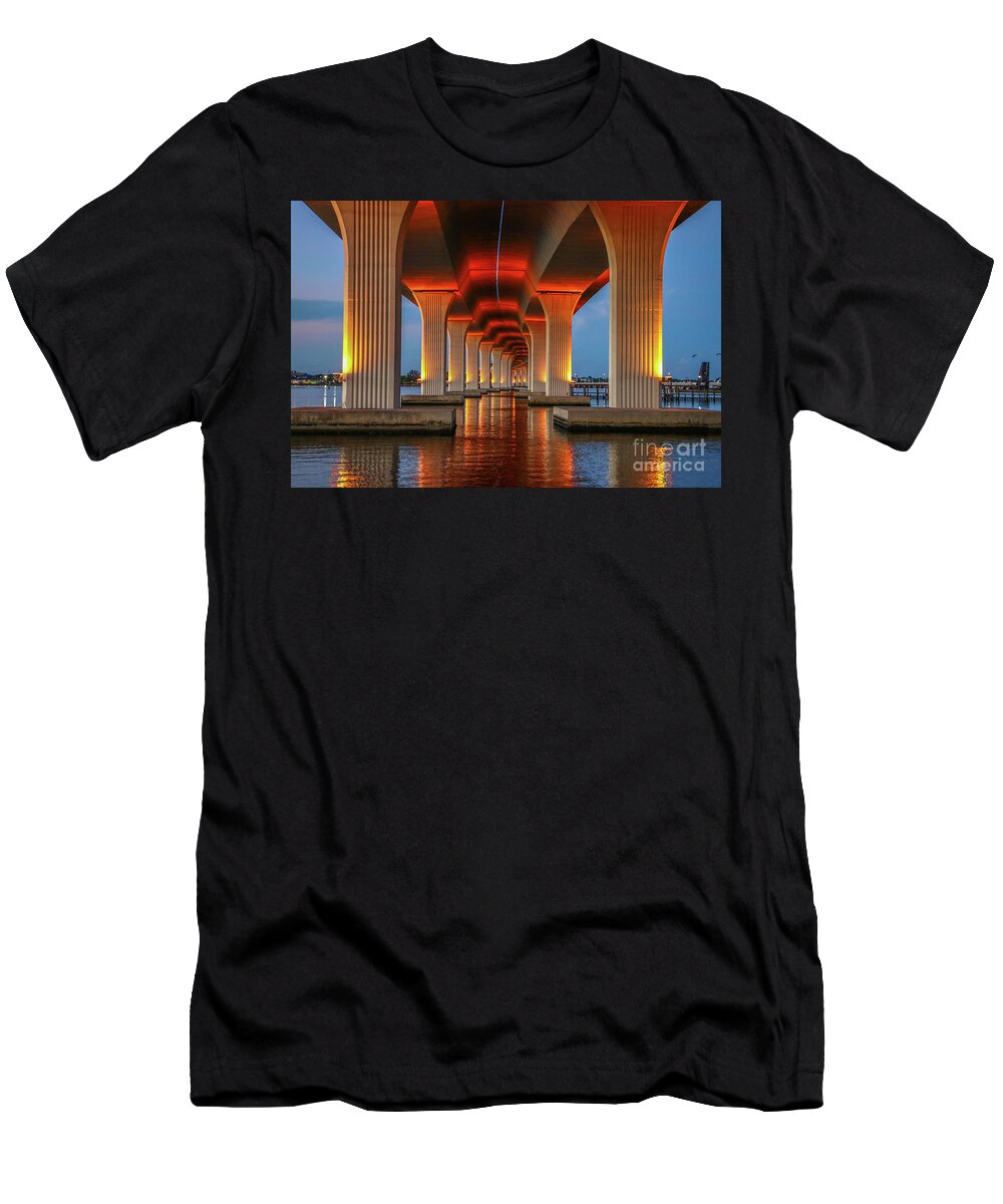 Bridge T-Shirt featuring the photograph Orange Light Bridge Reflection by Tom Claud