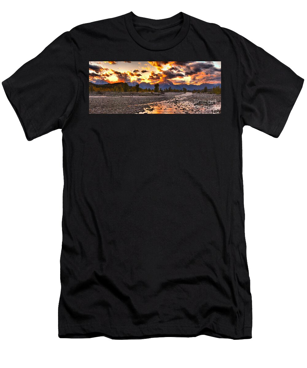 Spread Creek T-Shirt featuring the photograph Orange Skies Over Spread Creek Panorama by Adam Jewell